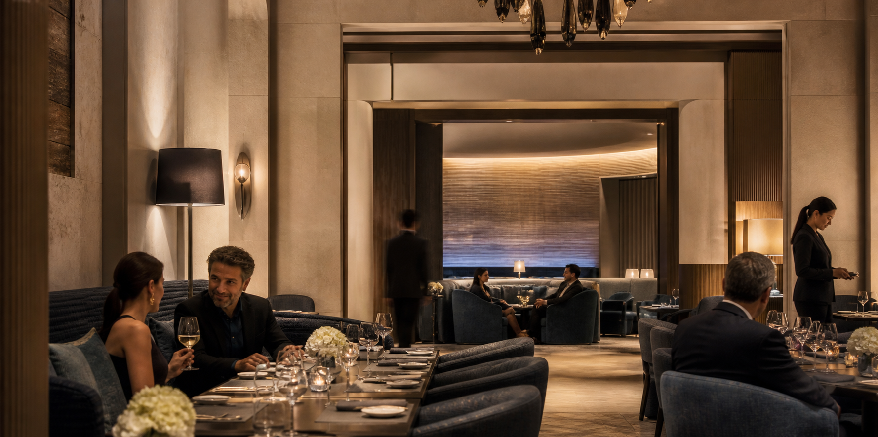 Refined restaurant leading into a social lounge